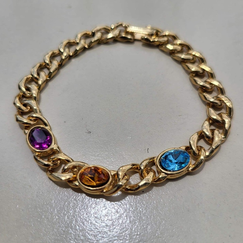 Vintage Gold Tone Metal Curb Chain Bracelet Multi Color Glass Stones